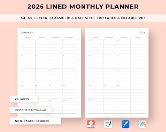 2026 Lined Monthly Planner Printable, Minimalist Design (Digital Download)
