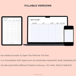 May include: A digital planner template for gift planning. The template includes columns for recipient, gift, store, price, and wrapping. The template is shown on a laptop, tablet, and phone.