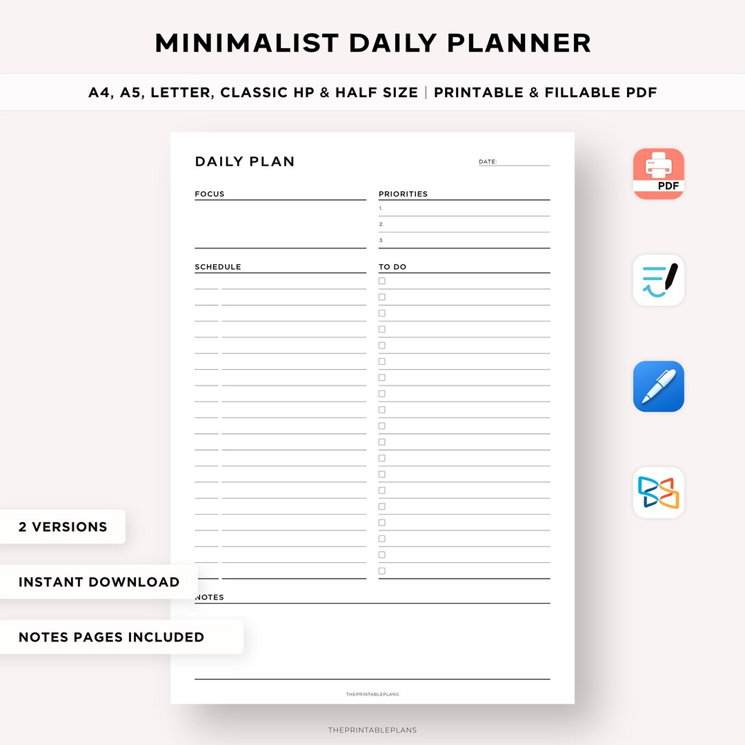 Simple Daily Planner Printable, Daily Schedule, Daily Productivity ...