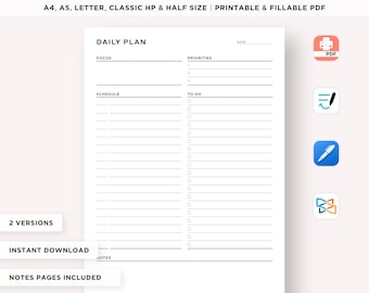 May include: A black and white printable daily planner with sections for focus, priorities, schedule, and to-do lists. The planner also includes notes pages and is available in two versions. The text "MINIMALIST DAILY PLANNER" is at the top of the page.
