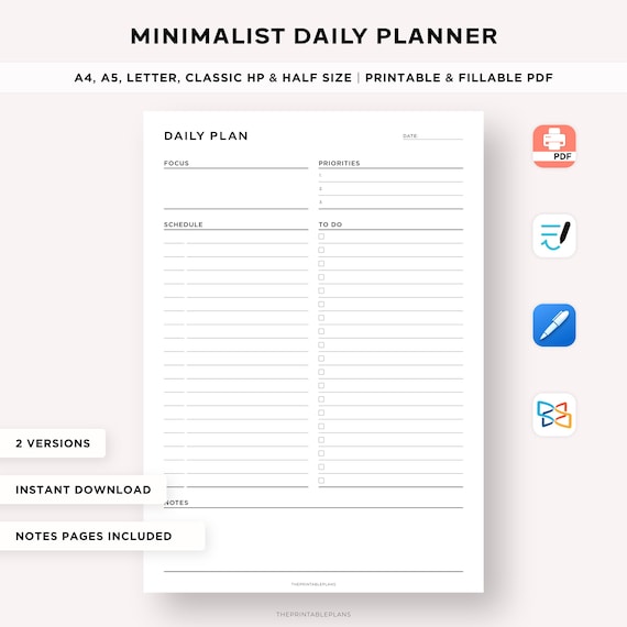 Simple Daily Planner Printable, Daily Schedule, Daily Productivity Planner, To do Planner, Goal Planner, A4/A5/Letter/Classic HP/Half Size