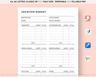 Vacation Budget Planner Printable, Travel Planner, Travel Spending Worksheet Template, Holiday Finances Planner, A4/A5/Letter/Classic/Half