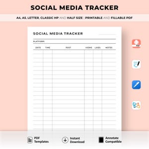Könnte beinhalten: Eine druckbare und ausfüllbare PDF-Vorlage für einen Social-Media-Tracker. Die Vorlage enthält Spalten für Datum, Uhrzeit, Beitrag, Aufrufe, Likes und Notizen.