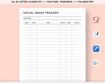 May include: A printable and fillable social media tracker PDF template. The template has columns for date, time, post, views, likes, and notes.