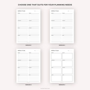 May include: Four different weekly planner templates with the text "Weekly Plan" at the top of each template. The templates are labeled "Version 1", "Version 2", "Version 3", and "Version 4".