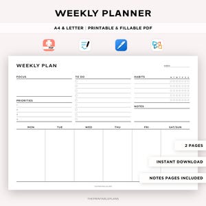 Druckbarer Wochenplaner, Wochenplaner Organizer, Woche auf einen Blick, Wochenagenda, Produktionsplaner, Arbeitsplaner, A4/Letter Bild 1