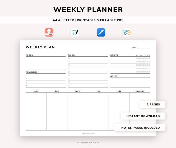 Weekly Planner Printable, Weekly Schedule Organizer, Week At a Glance, Weekly Agenda, Productivity Planner, Work Planner, A4/Letter