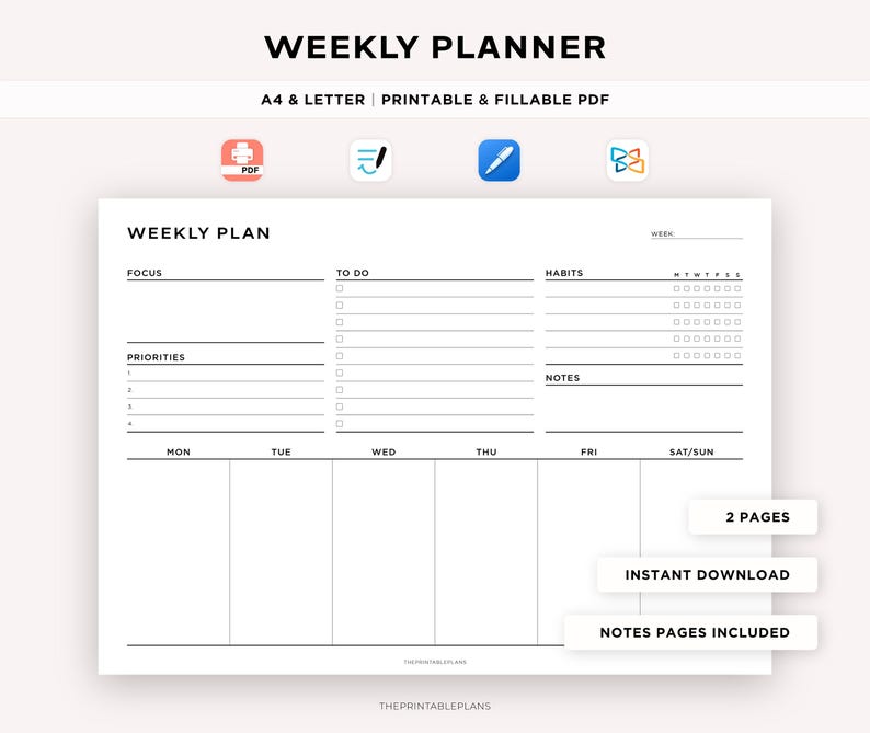 Druckbarer Wochenplaner, Wochenplaner Organizer, Woche auf einen Blick, Wochenagenda, Produktionsplaner, Arbeitsplaner, A4/Letter Bild 1