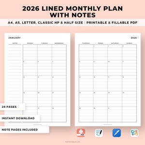 Puede incluir: Un planificador mensual imprimible de 2026 con páginas rayadas y notas. El planificador incluye una página de enero con una cuadrícula de calendario y espacio para notas. El texto de la imagen dice "2026 Lined Monthly Plan with Notes".