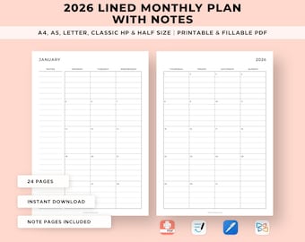 2026 Lined Monthly Planner with Notes, A4/A5/Letter Size (Printable PDF)