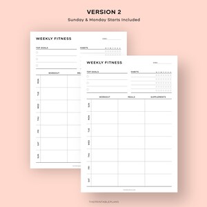 May include: Two printable weekly fitness planner pages with sections for top goals, habits, workout, meals, and supplements. The pages are designed with a minimalist aesthetic and include a grid for tracking daily activities.