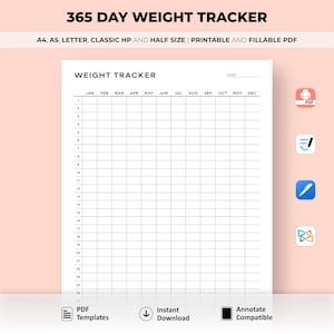 365 Day Weight Tracker Planner Insert Printable, Daily Weight Journal, Weight Loss Tracker, Weight Log, A4/A5/Letter/Classic/Half, Goodnotes