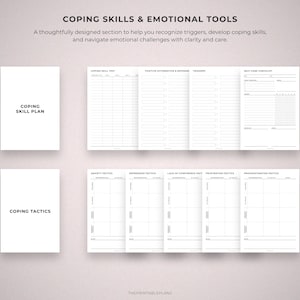 May include: A layout of printable worksheets for emotional well-being. The top of the image reads "COPING SKILLS & EMOTIONAL TOOLS". The worksheets include sections for coping skills, self-care, and managing triggers. Two white booklets are labeled "COPING SKILL PLAN" and "COPING TACTICS".