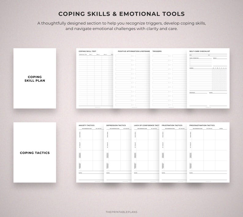 May include: A layout of printable worksheets for emotional well-being. The top of the image reads "COPING SKILLS & EMOTIONAL TOOLS". The worksheets include sections for coping skills, self-care, and managing triggers. Two white booklets are labeled "COPING SKILL PLAN" and "COPING TACTICS".