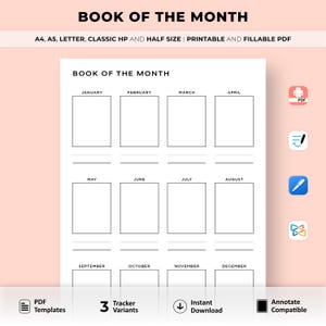 Planificador imprimible del libro del mes, diario de registro de lectura mensual, libros favoritos para amantes de la lectura, tamaño A4/A5/Carta/HP/Media página