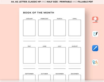 Book of the Month Planner Printable, Monthly Reading List Log Tracker Journal, Favorite Books To Read, Book Lovers, A4/A5/Letter/HP/Half
