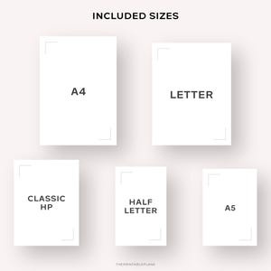 Op de afbeelding: Een grafiek die de verschillende formaten van afdrukbare plannerpagina's laat zien die beschikbaar zijn: A4, Letter, Classic HP, Half Letter en A5.