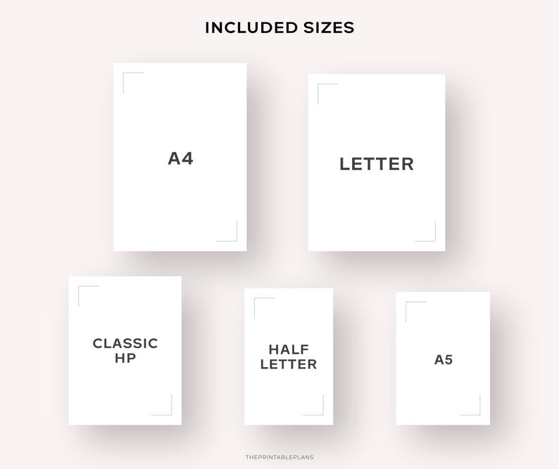 Op de afbeelding: Een grafiek die de verschillende formaten van afdrukbare plannerpagina's laat zien die beschikbaar zijn: A4, Letter, Classic HP, Half Letter en A5.