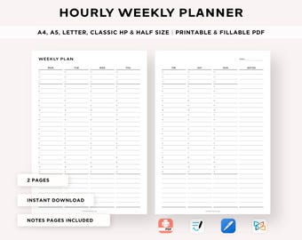 Hourly Weekly Schedule, Weekly Planner Printable, Week At a Glance, Weekly Organizer, Weekly Agenda, To Do List, A5/A4/Letter/Classic/Half