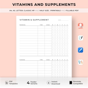 Rastreador diario de vitaminas imprimible, lista de verificación de suplementos, ingesta de vitaminas, registro de medicamentos, planificador de salud y actividad física, A4/A5/carta/clásico/medio