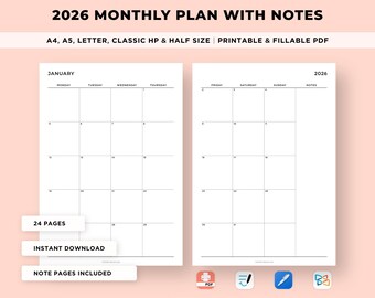2026 Monthly Planner Printable, Notes Section (A4/A5/Letter/Classic/Half Size) (Digital Download)