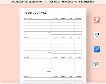 Food Journal Printable, Daily Food Diary Printable, Daily Food Journal, Daily Calorie Counting, Food Diary, Calorie Count, Goodnotes Planner