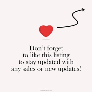 May include: A red heart with an arrow pointing to the right. Text reads: "Don't forget to like this listing to stay updated with any sales or new updates!"