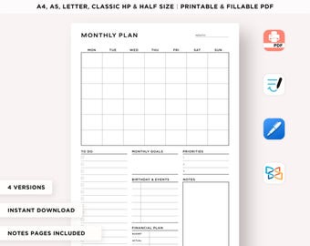 Month At a Glance, Monthly Planner Printable, Monthly Organizer, Blank Calendar, Finance Tracker, Monthly Schedule, A4/A5/Letter/HP/Half