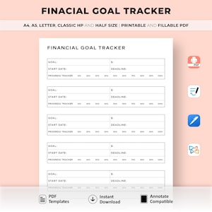 Könnte beinhalten: Druckbarer Finanz-Ziel-Tracker mit fünf Abschnitten zum Festlegen von Zielen, Startdaten, Fristen und Fortschrittsverfolgung. Jeder Abschnitt enthält ein Dollarzeichen ($) zum Eingeben des Zielbetrags und eine Fortschrittsleiste mit 10%-Schritten.