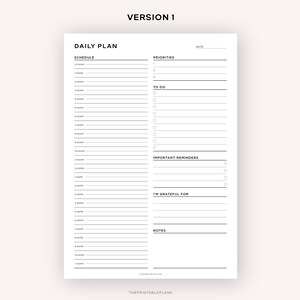 Puede incluir: Un planificador diario imprimible en blanco y negro con secciones para el horario, prioridades, tareas pendientes, recordatorios importantes, estoy agradecido por y notas.