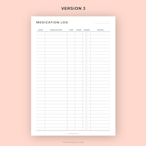 K&ouml;nnte beinhalten: Ein druckbares Medikamententagebuch mit Spalten f&uuml;r Datum, Medikament, Uhrzeit, Dosis, eingenommen und Notizen. Das Tagebuch hat 30 Zeilen zum Aufzeichnen von Medikamenteninformationen.