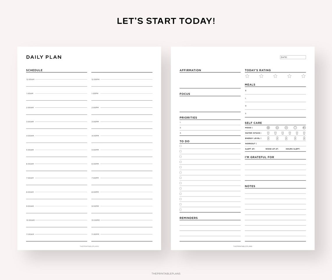 24 Hour Daily Planner on 2 Pages, Daily Hourly Planner Printable ...