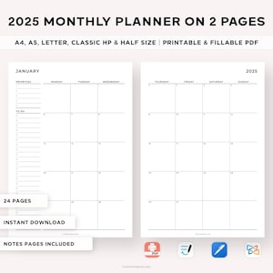 Planificador mensual imprimible 2025, lista de tareas mensuales, mes con fecha en 2 páginas, calendario 2025, resumen del mes, agenda mensual, tamaño A4/A5/carta