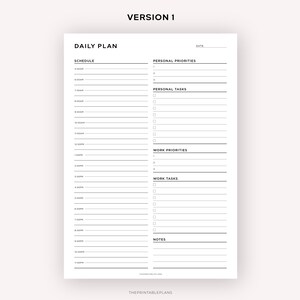 May include: A black and white printable daily planner with sections for schedule, personal priorities, personal tasks, work priorities, work tasks, and notes.
