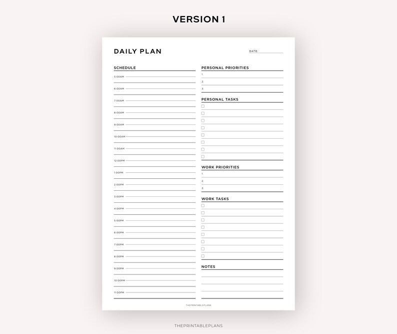May include: A black and white printable daily planner with sections for schedule, personal priorities, personal tasks, work priorities, work tasks, and notes.