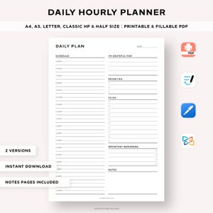 Daily Hourly Planner Printable, Daily Schedule, Daily Productivity Planner, Daily Agenda, To do List, Daily Work Planner, A5 Insert