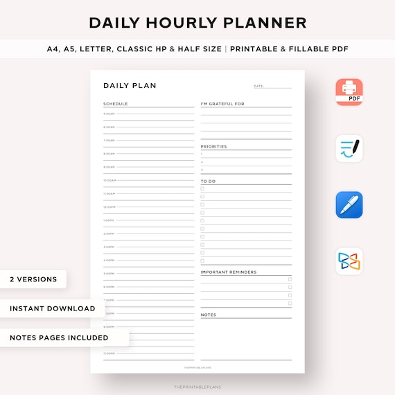 Daily Hourly Planner Printable, Daily Schedule, Daily Productivity Planner, Daily Agenda, To do List, Daily Work Planner, A5 Insert