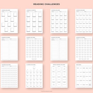 May include: A collection of printable reading challenge templates on white paper. The templates include challenges for 10, 12, 20, 30, 36, 50, and 52 books, as well as a monthly reading challenge and book bingo. The title "READING CHALLENGES" is at the top.