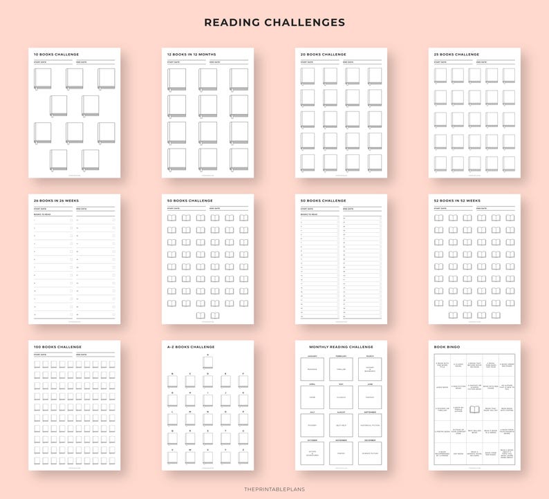May include: A collection of printable reading challenge templates on white paper. The templates include challenges for 10, 12, 20, 30, 36, 50, and 52 books, as well as a monthly reading challenge and book bingo. The title "READING CHALLENGES" is at the top.