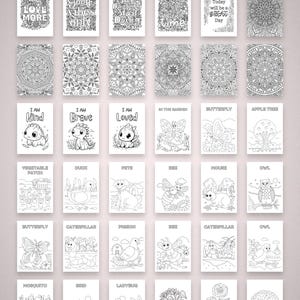May include: A collection of coloring pages with various designs and affirmations. The pages feature intricate mandala patterns, cute animal illustrations, and positive messages like "Love More" and "I Am Kind".