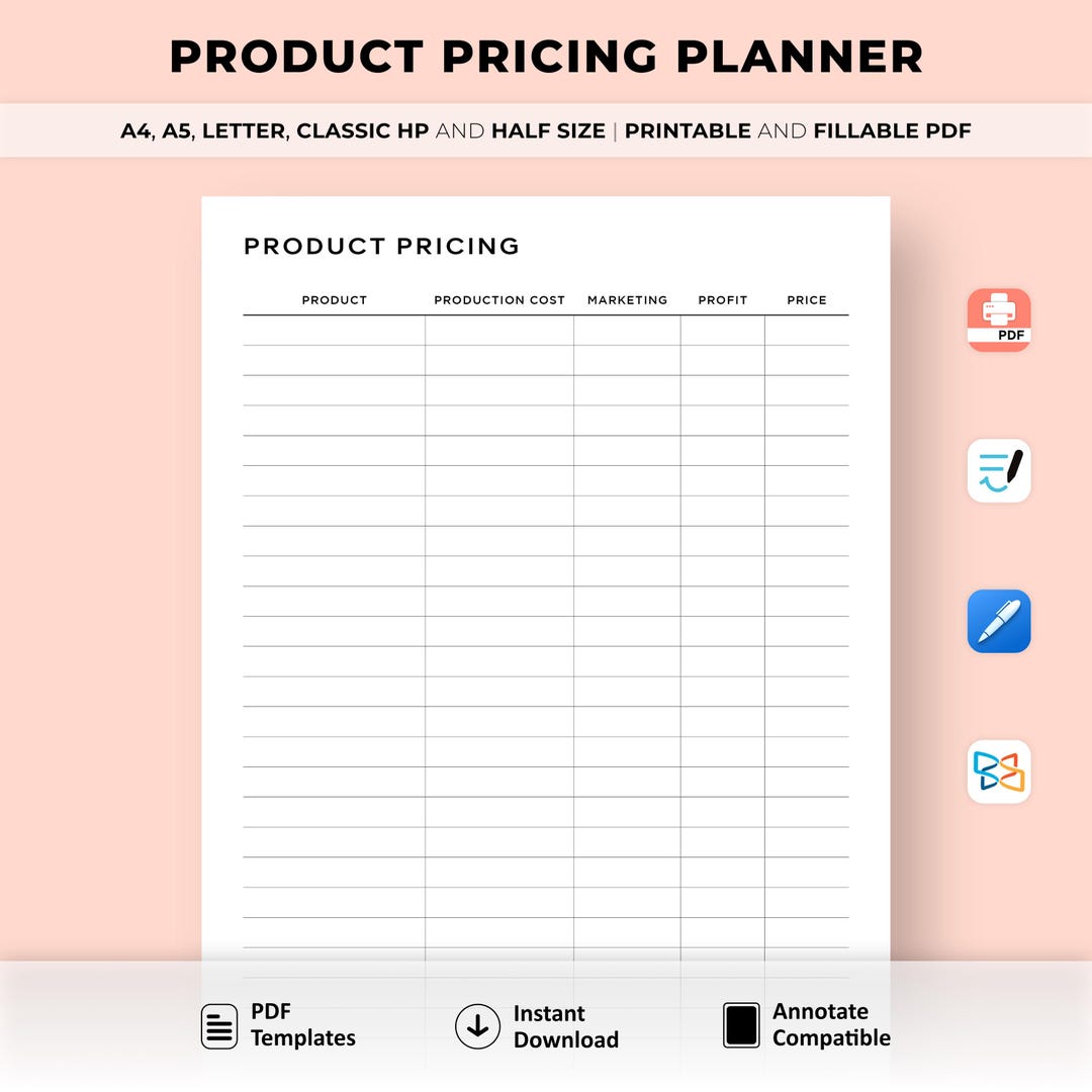 Simple Product Pricing Printable, Item Pricing Worksheet, Product Price ...