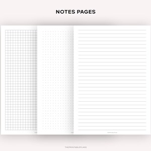 Puede incluir: Tres p&aacute;ginas de notas imprimibles: una cuadr&iacute;cula, una punteada y una rayada. Las p&aacute;ginas son todas blancas con l&iacute;neas negras.