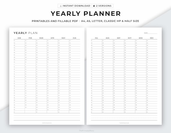 Yearly Planner Printable, Annual Planner, Yearly Overview, Year at a Glance, Yearly Agenda, 12 Month, A4/A5/Classic HP/Letter/Half, Fillable