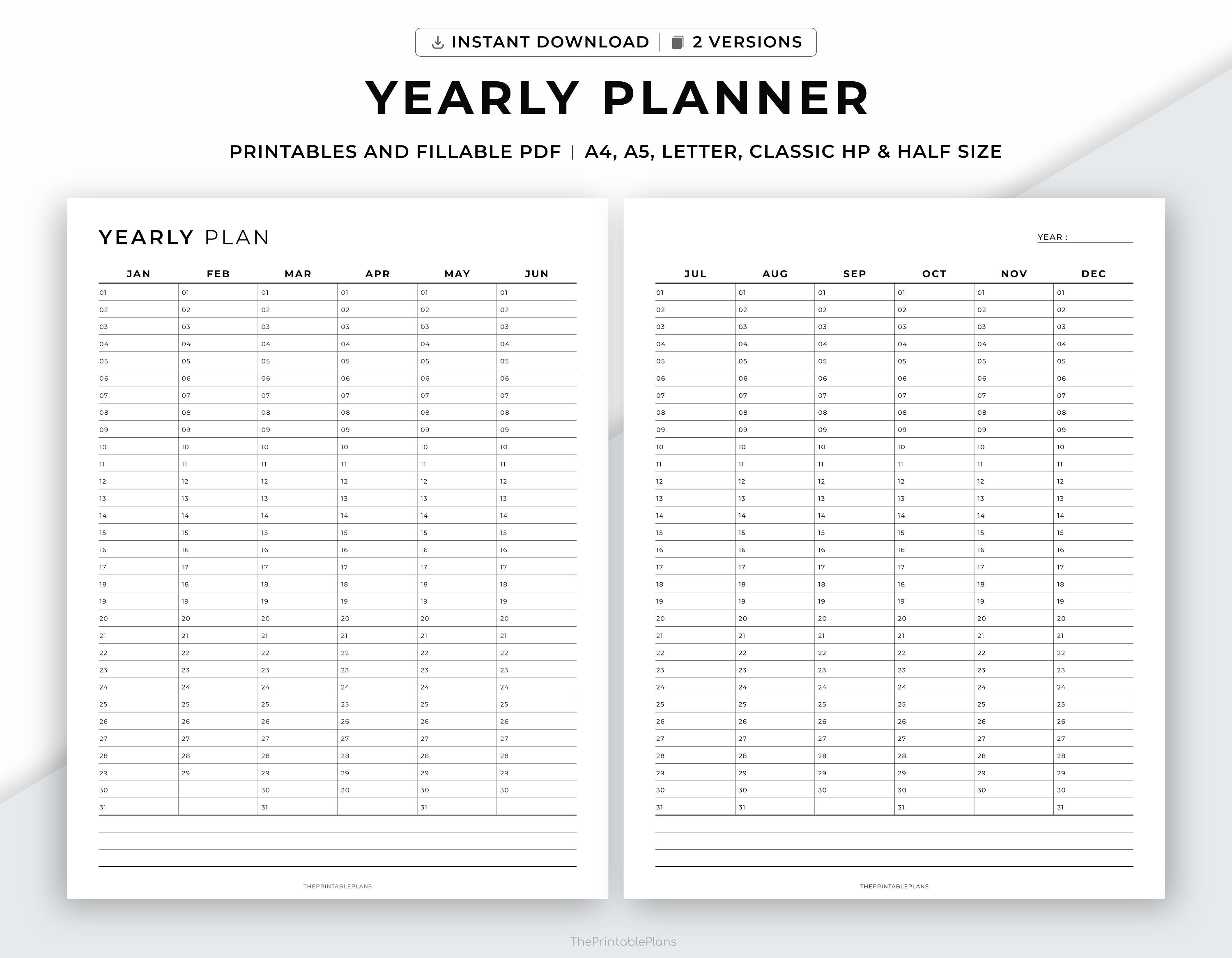 Yearly Planner Printable, Annual Planner, Yearly Overview, Year at a ...