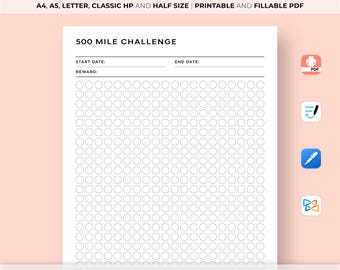 500 Mile Challenge Tracker Printable, Walking Tracker, Running Tracker, Workout Challenge, Health & Fitness, A4/A5/Classic/Letter/Half Size