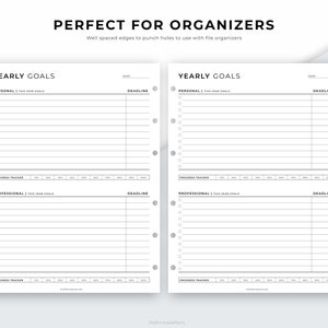May include: A printable planner page with the title "Yearly Goals" divided into two columns for personal and professional goals. Each column has sections for "This Year Goals", "Deadline", and "Progress Tracker".
