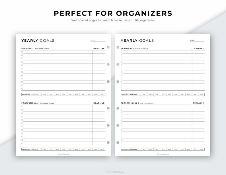 May include: A printable planner page with the title "Yearly Goals" divided into two columns for personal and professional goals. Each column has sections for "This Year Goals", "Deadline", and "Progress Tracker".
