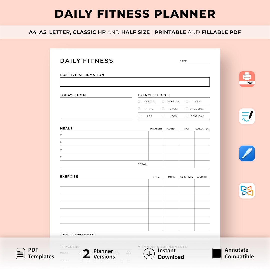 Daily Fitness Planner Printable, Workout Planner, Health Planner, Meal ...