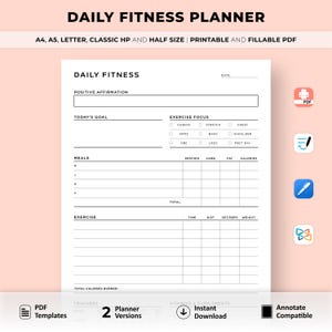 Daily Fitness Planner Printable, Workout Planner, Health Planner, Meal Planner, Vitamin Intake, Mood Tracker, Calorie Tracker, Energy Level