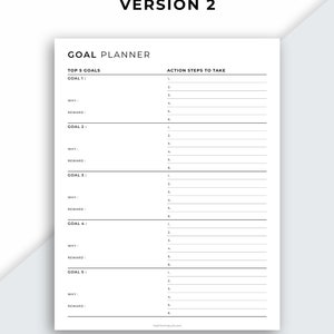 May include: A white Goal Planner sheet with the text "VERSION 2" at the top. The planner includes sections for "TOP 5 GOALS" and "ACTION STEPS TO TAKE". Each goal has space for "WHY" and "REWARD". ThePrintablePlans is at the bottom.